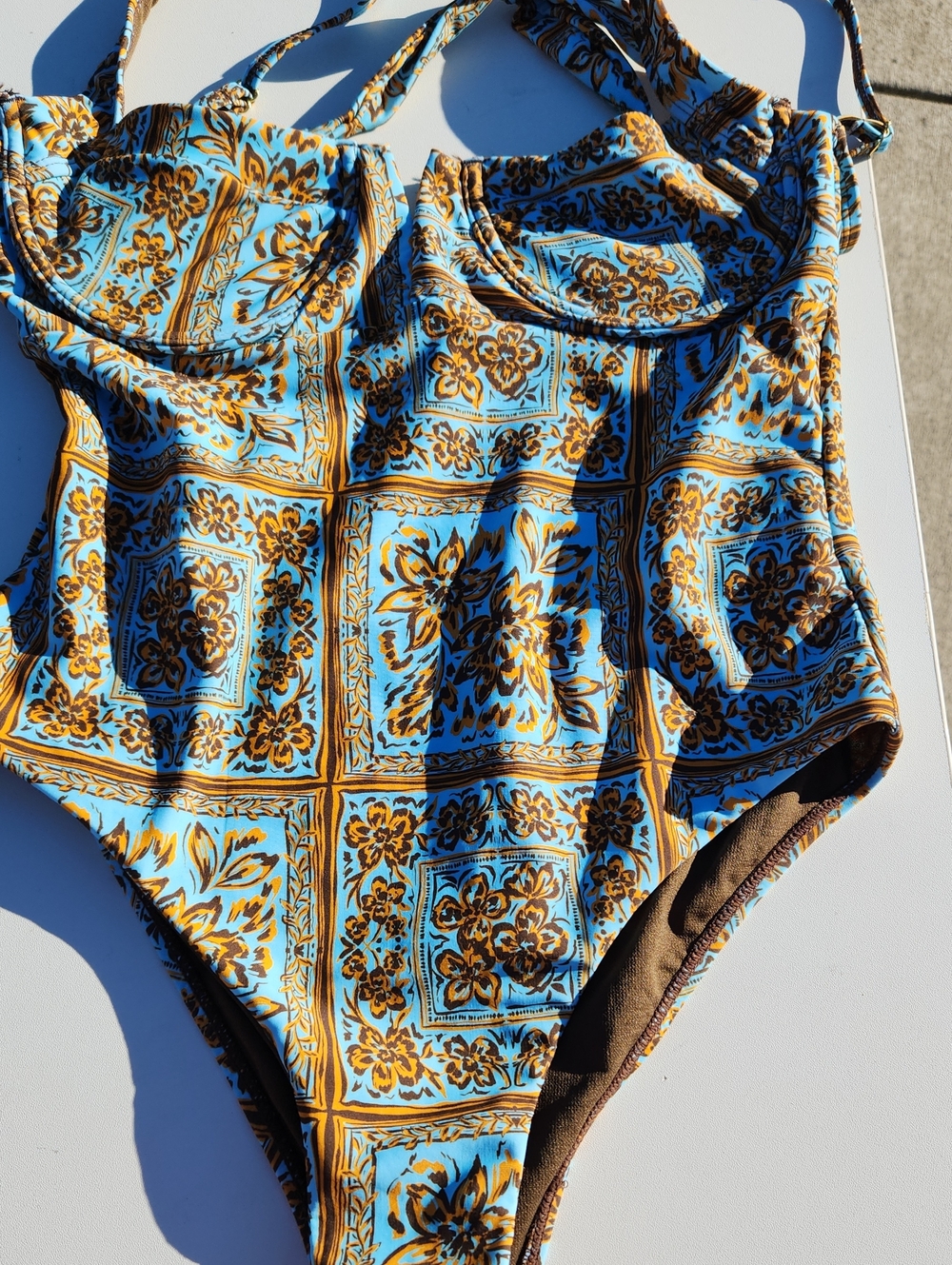 Sunset Tile One-Piece Swimsuit in Sky Blue and Gold